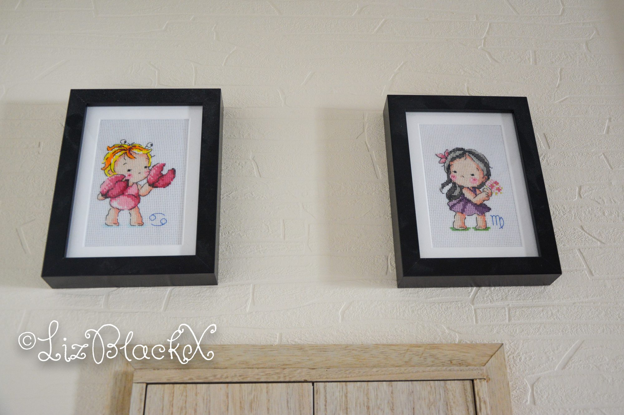 Two cross-stitch pieces of Zodiac signs Cancer and Virgo
Copyright Liz BlackX